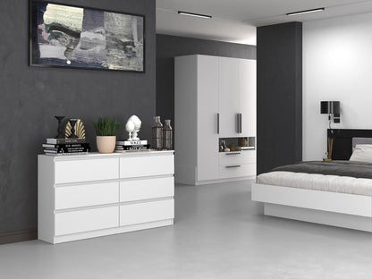 VBChome Chest of Drawers with 6 Drawers, 140 x 40 x 77 cm, White, Handle-Free Drawer Chest of Drawers, Multi-Purpose Cabinet for Hallway, Bedroom, Living Room, Children's Room, Modern White