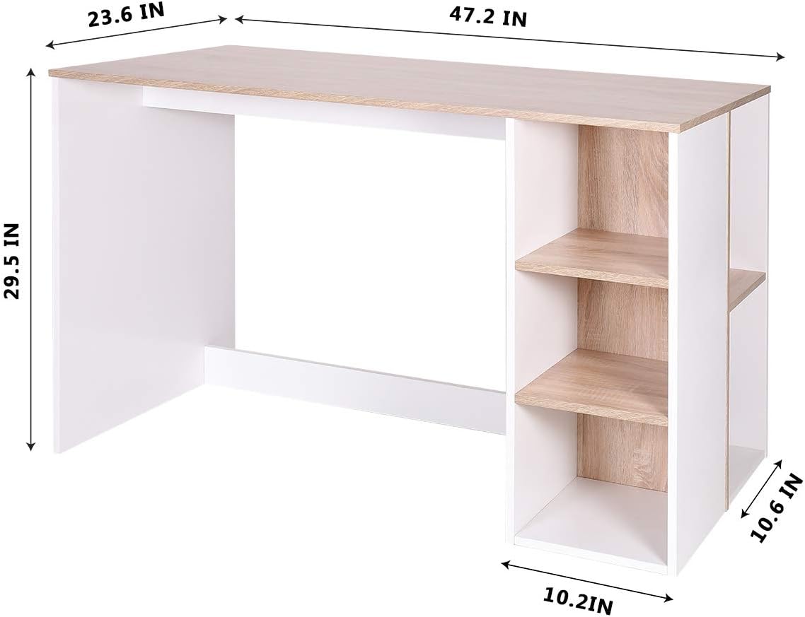Writing Computer Desk with Storage, Large Study Desk with 5 Shelves Home Office Table Wood Computer Workstation with Integrated Bookcaseï¼ŒBeech & White,Multicolor
