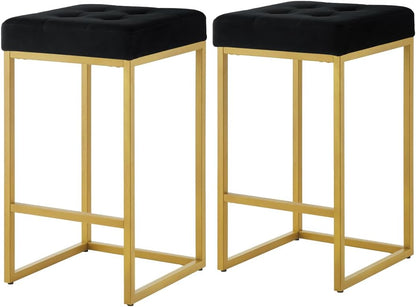 24KF Contemporary 26" H Counter Height Stool with Tufted Seat, Velvet Padded Barstool with Durable Golden Met Balase,Set of 2,5066-Black