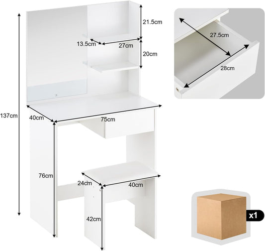OFCASA Dressing Table with Mirror and Stool, Drawer, 2 Shelves (White, 75 x 40 x 137cm, Small)