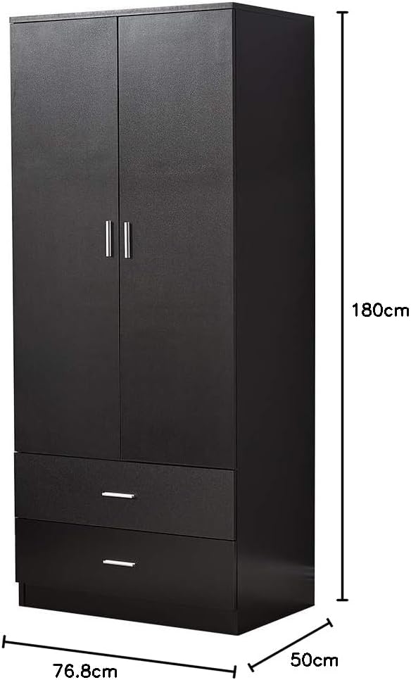 2 Door Combination Wardrobe Tall Big Wooden Wardrobe With 2 Big Drawers Bedroom Storage Units With Hanging Bar Clothes (Black)
