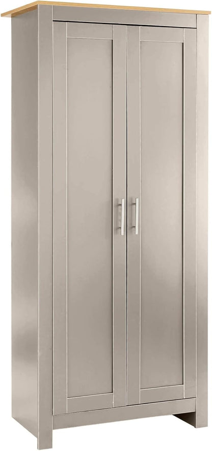 Home Source 2 Wardrobe Tall Clothes Organiser Hanging Rail Shelf Storage, Wood, Grey, Panelled Doors