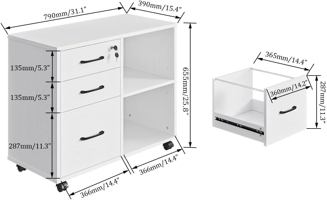 Panana 3 Drawer Office File Cabinets, Mobile Lateral Printer Stand with Open Storage Shelf, Rolling Filing Cabinet with Wheels Home Office Organization and Storage (White)