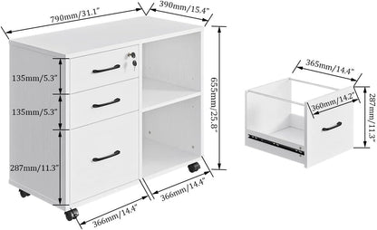 Panana 3 Drawer Office File Cabinets, Mobile Lateral Printer Stand with Open Storage Shelf, Rolling Filing Cabinet with Wheels Home Office Organization and Storage (White)