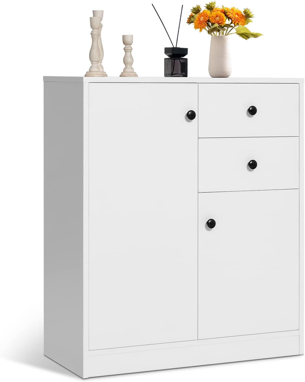 TANGZON Storage Cabinet, Wooden Buffet Sideboard with Doors, Shelves/Drawers, Freestanding Cupboard Unit for Kitchen Living Room Dining Room Hallway (2 Doors, 2 Drawers, White)