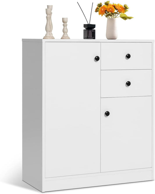 TANGZON Storage Cabinet, Wooden Buffet Sideboard with Doors, Shelves/Drawers, Freestanding Cupboard Unit for Kitchen Living Room Dining Room Hallway (2 Doors, 2 Drawers, White)