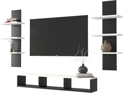 Furinno MDF Wood Wall Mounted TV Entertainment Unit Set Top Box Stand for Living Room Bedroom Hall Home Office Hotel Multipurpose Storage Display Rack Wall Shelf Wooden Furniture (White & Black)