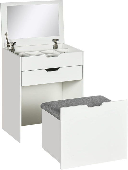 FurniFlex Dressing Table with Mirror and Matching Stool, White