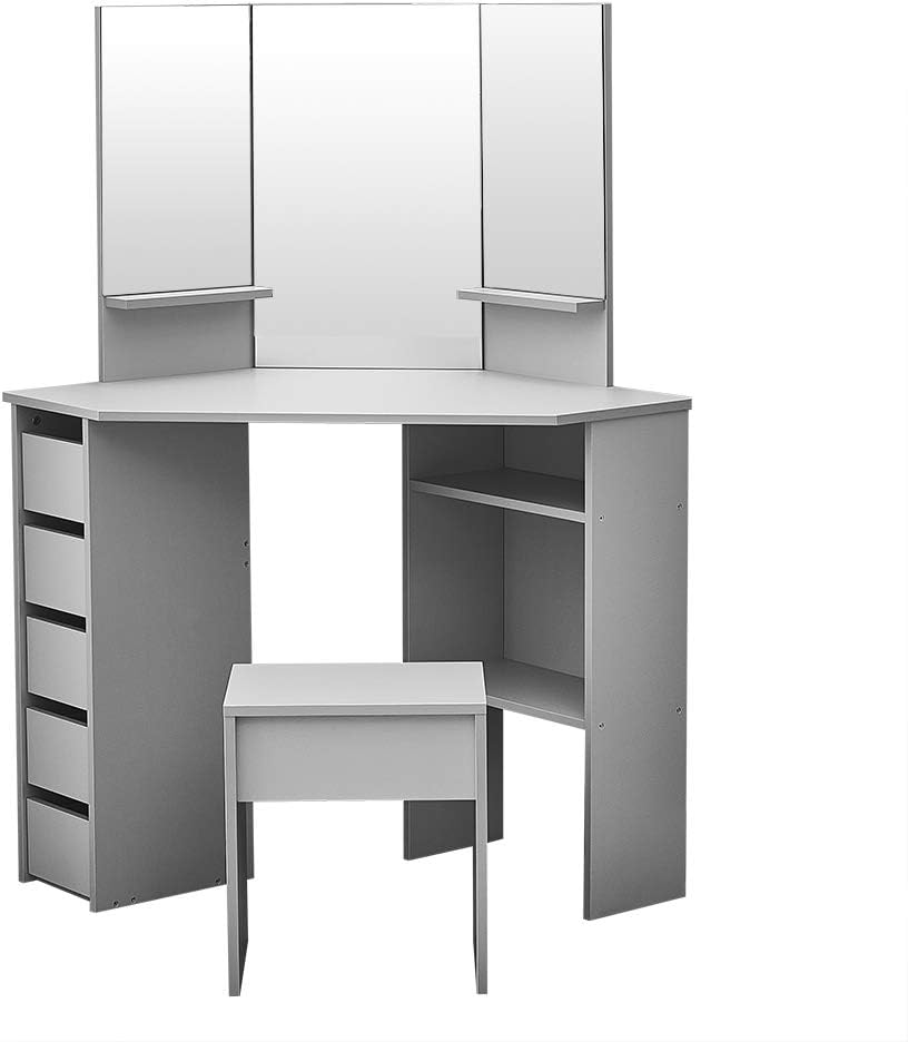 Panana Dressing Table MDF Corner Makeup Table with 3 Mirrors, 5 Drawers, 1 Compatiment and Bedroom Stool, 109 cm (L) x 55 cm (W) x 140 cm (H) (Grey)