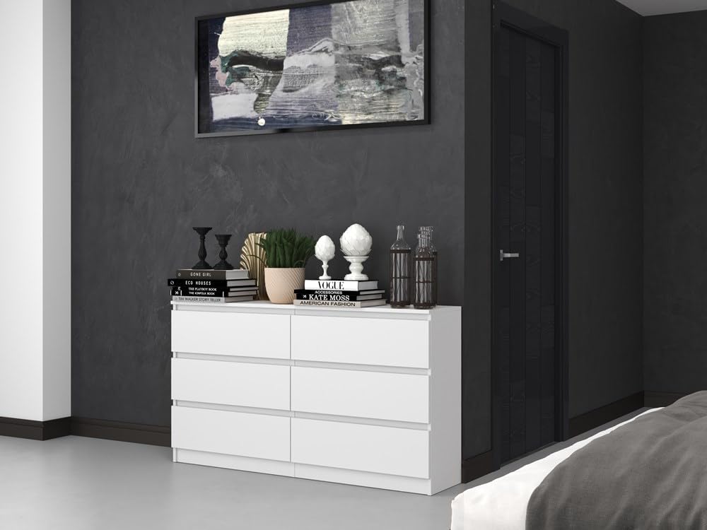 VBChome Chest of Drawers with 6 Drawers, 140 x 40 x 77 cm, White, Handle-Free Drawer Chest of Drawers, Multi-Purpose Cabinet for Hallway, Bedroom, Living Room, Children's Room, Modern White