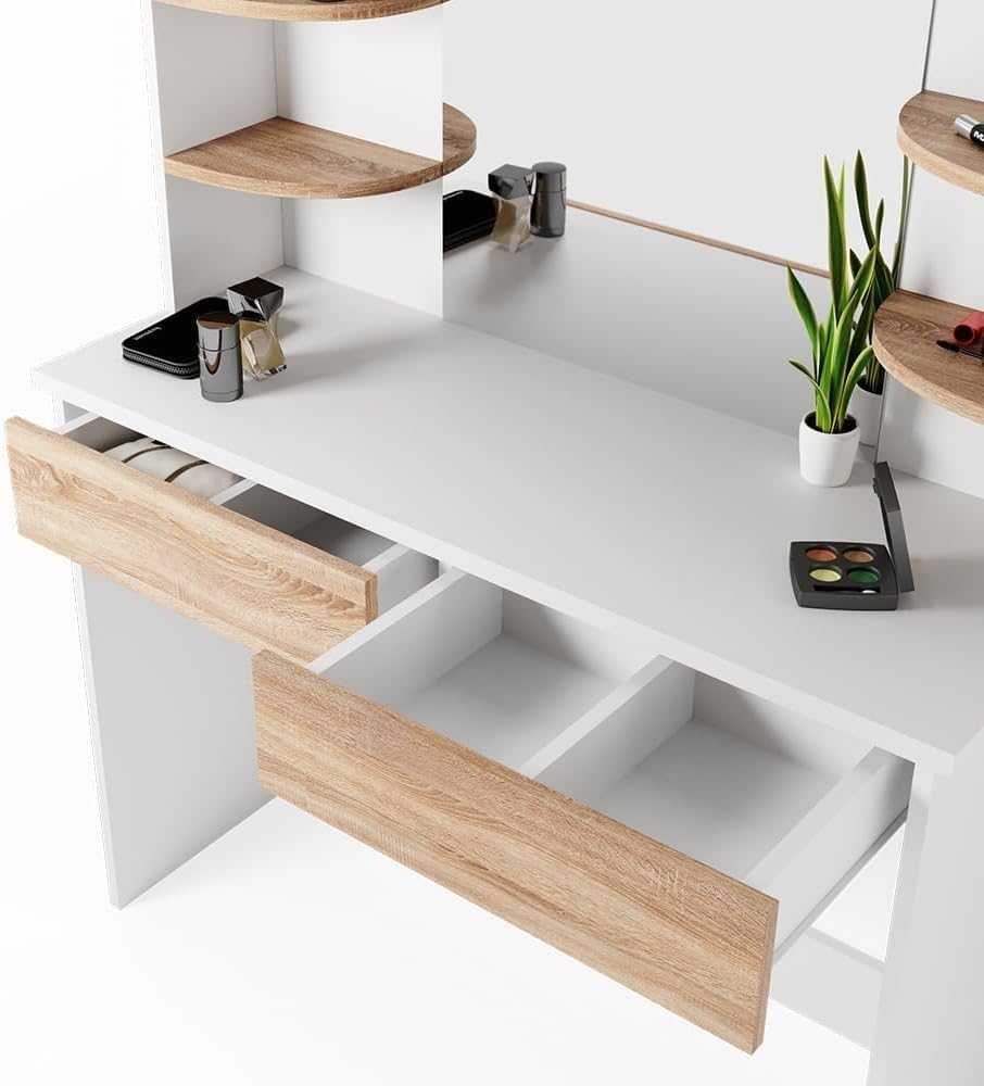 FurniFlex Charlotte Make-Up Table/Dressing Table with Mirror, 142 cm x 108 cm Size, Sonoma White