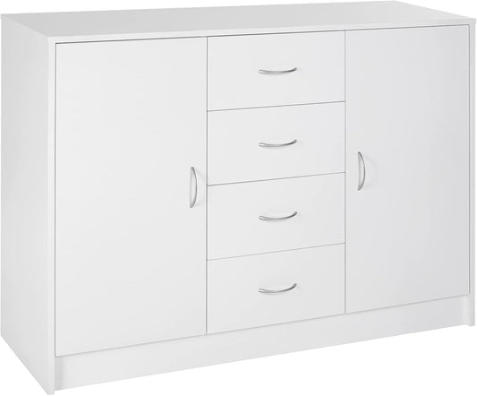 HOMCOM Sideboard, Storage Cabinet with 2 Doors and 4 Drawers, Free Standing Cupboard, Chest Organizer for Kitchen and Living Room, White