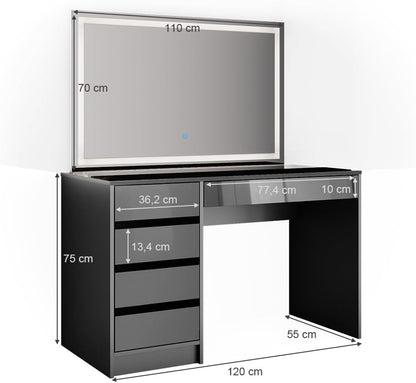 Vicco Sherry Dressing Table Black 120cm with LED Mirror