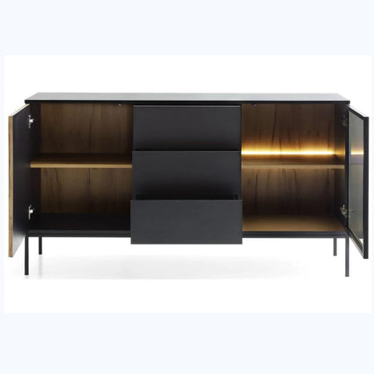 Kitchen sideboard Buffet, Space-Saving with 1 Door Glass Honey, Black and Brown Wooden, Aluminum doors with light, Stainless steel legs, 3 Shelves, 3 Drawer, (D x 40 CM), (W x 180 CM), (H x 90 CM)