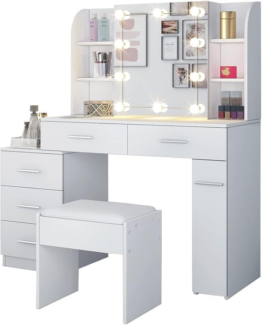 AWOOOD White Dressing Table, Vanity Set with Light Bulbs, Sliding Mirror & Cushioned Stool, 5 Drawers, Contemporary Style, Engineered Wood