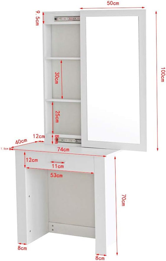 Panana Modern Girls Bedroom Dressing Table Sliding Mirrored Door with 1 Drawer Makeup Desk Vanity Table (White)