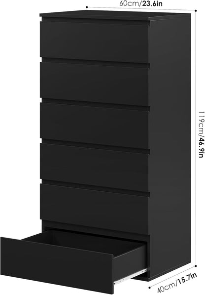 FOREHILL Chest of Drawers 119 cm High Black with 6 Drawers Sideboard Drawer Cabinet for Bedroom Hallway Living Room 60 x 40 x 119 cm