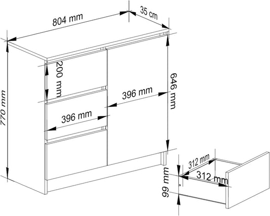 FurniFlex K-80 Chest of 3 Drawers Bedroom Wardrobe, 80 cm x 77 cm x 35 cm Size, Grey/Artisan Oak