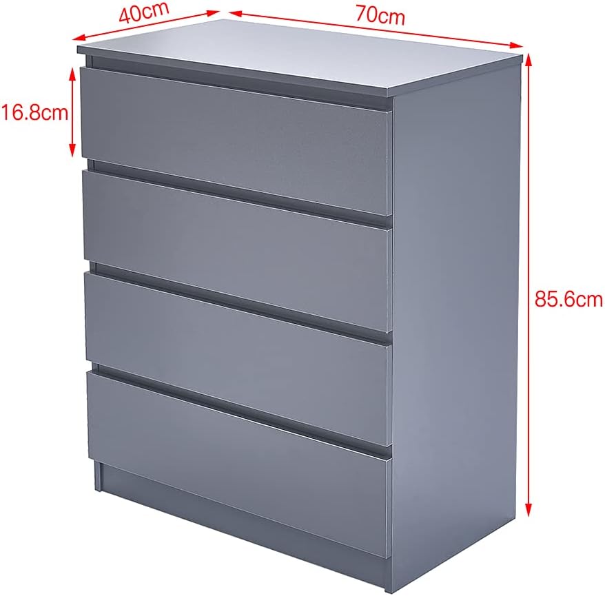 Panana Wooden 3/4/5/6 Chest Of Drawers with Metal Runner Modern Bedroom Bedside Storage Cabinet Unit for Hallway Living Room (Gray, 4 Drawer Chest)