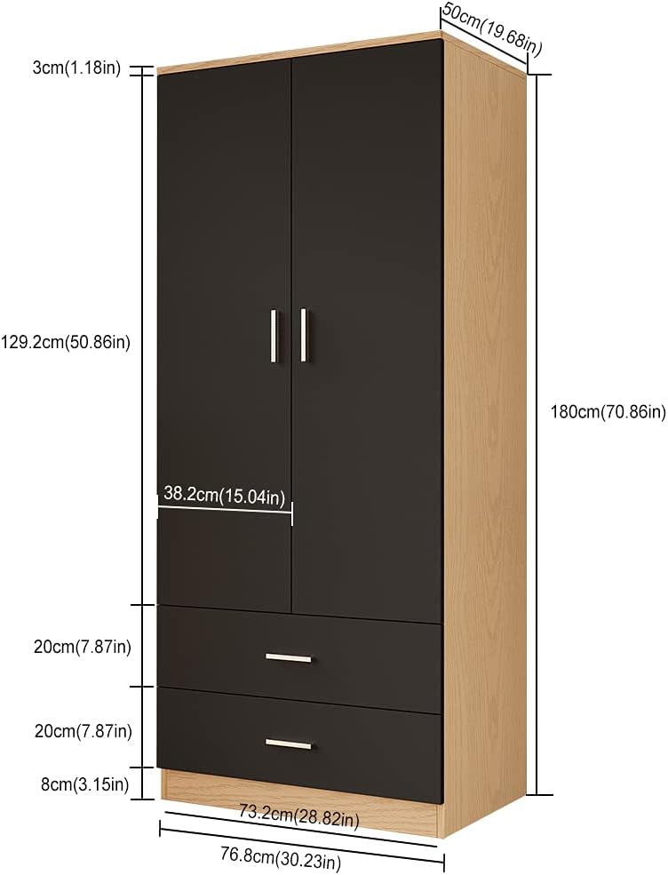 Panana 2 Door 2 Drawer Wardrobe with Hanging Rail Wooden Clothes Storage Cupboards Unit for Bedroom Furniture 76.8 * 50 * 180cm (Black with Oak)