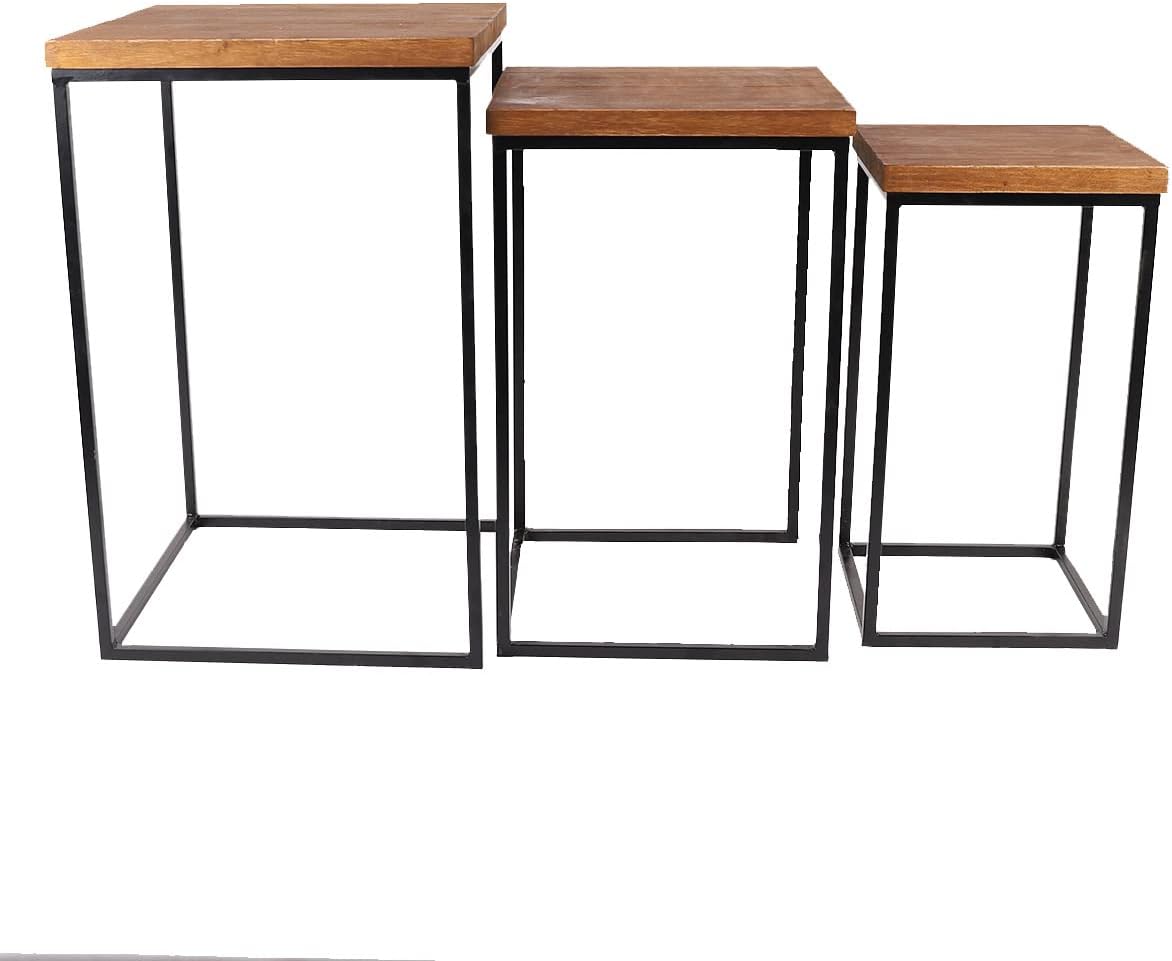 Uziass Wood Nesting Table Set of 3 Square Wooden Nesting Coffee Table, Modern Rustic Farmhouse Stacking Nesting End Table Side Tables with Sturdy Metal Frame for Living Room Bedroom Couch Home Decor