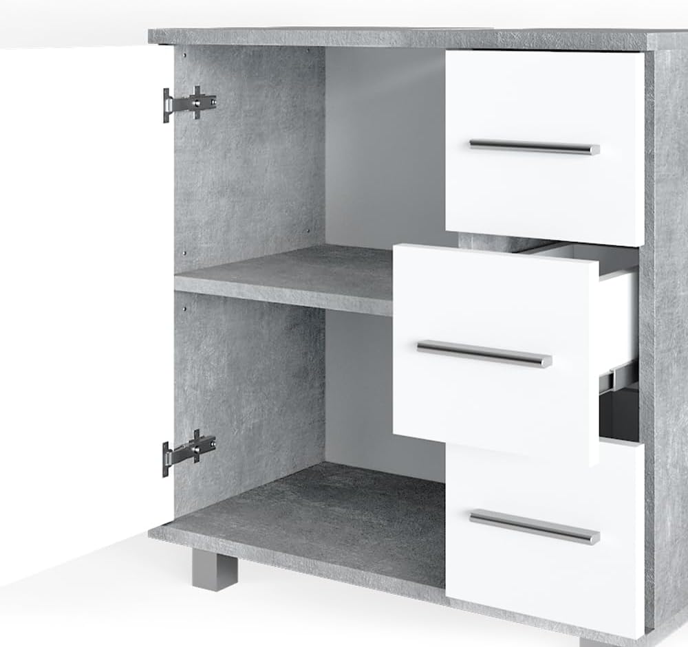 Vicco Ilias Vanity Unit Bathroom Cabinet (Concrete) - 60x60.8x33 cm - 3 Drawers & 1 Door - Stainless Steel Handles - Contemporary Style - Freestanding - Bathroom Storage