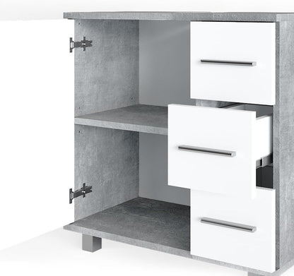 Vicco Ilias Vanity Unit Bathroom Cabinet (Concrete) - 60x60.8x33 cm - 3 Drawers & 1 Door - Stainless Steel Handles - Contemporary Style - Freestanding - Bathroom Storage