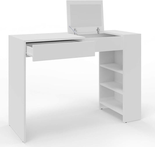 MATKAM Opera Maxi Schminktisch H 78 x B 114 x T 40 cm, mit ausklappbarem Spiegel H 21 x B 34 cm mit Ablage, 3 seitliche AblagefÃ¤cher, 1 Schublade, aus laminierter Holzspanplatte (WeiÃŸ)