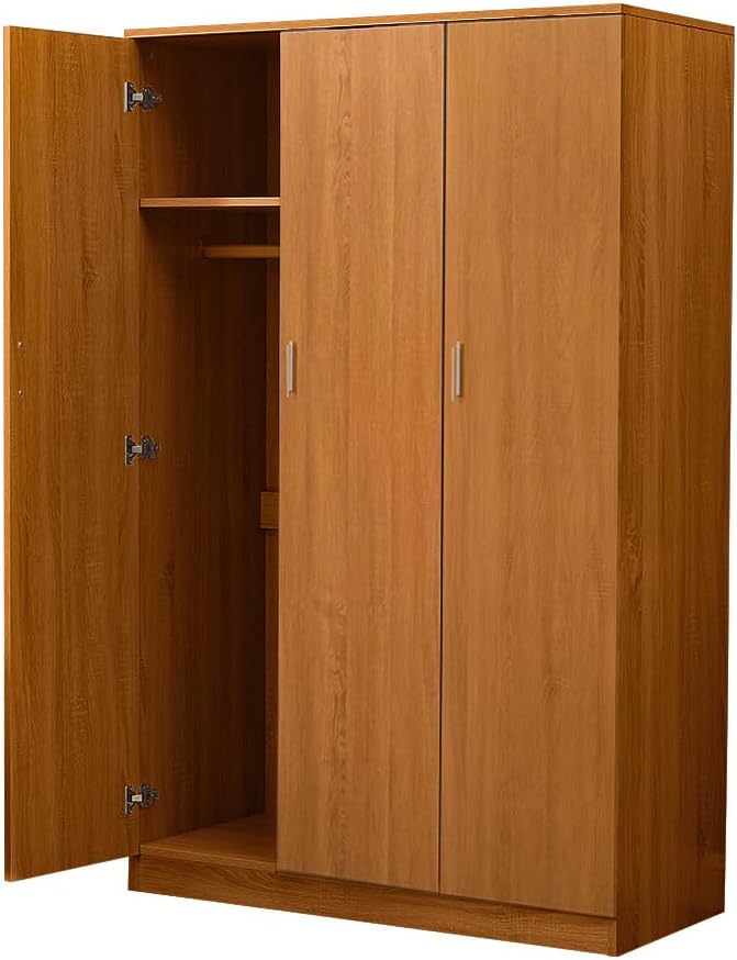 Wooden 3 Door Wardrobe with Shelf and Hanging Rail Modern Clothes Storage Cupboards Unit for Bedroom Furniture W 115.4 * D 50 * H 180cm (Oak Effect)