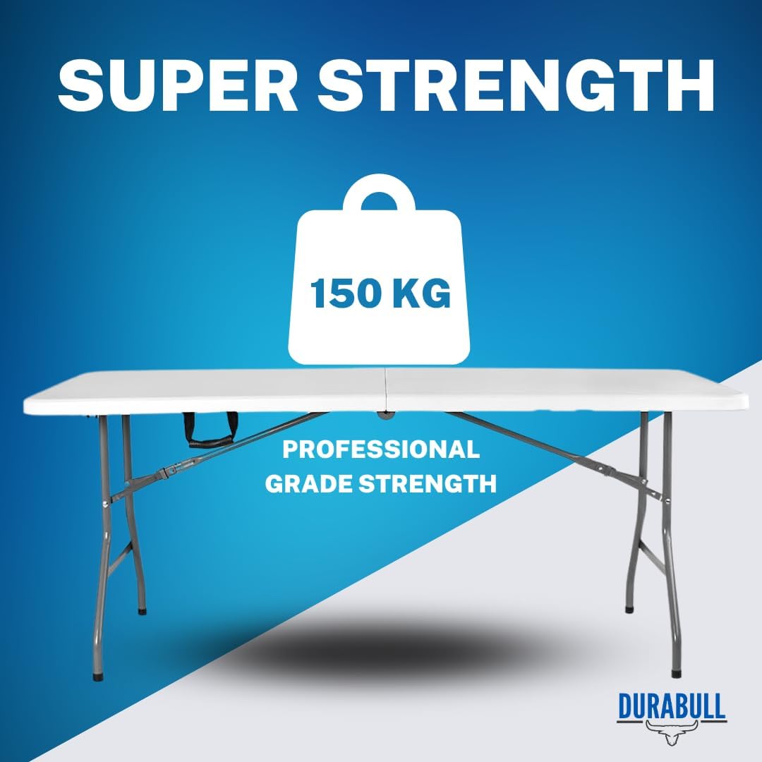 Durabull 6ft Plastic Folding Trestle Table - Heavy Duty -Indoor & Outdoor Solution for All Occasions - 150kg Capacity- Easy Setup, Folds in Half for Compact Storage, Portable with Carry Handle