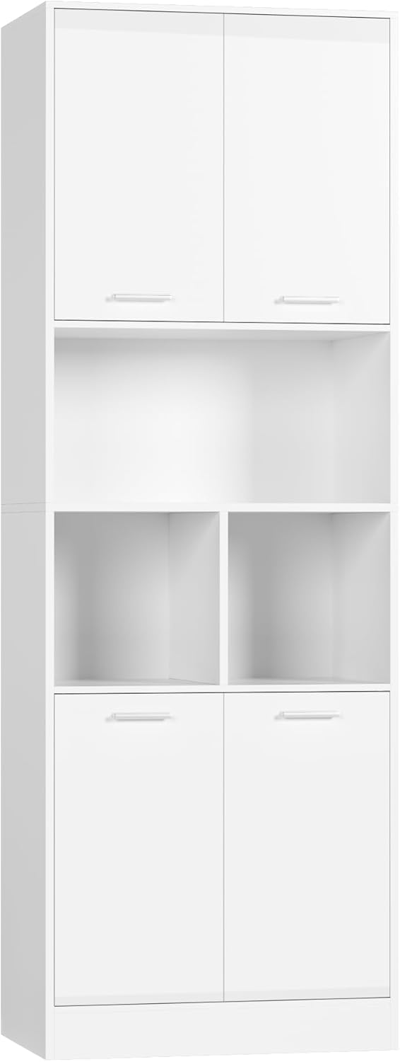 FirFurd 180.5cm Tall Bookcase White Bookshelf with 4 Doors Living Room Bookcases Free Standing Storage Cupboard for Home Office 180.5x60x40cm