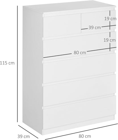 FurniFlex 6 Drawers Modern Wooden Dresser for Entryway, 80 cm x 39 cm x 115 cm Size, White