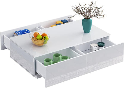 AWOOD Coffee Table for Living Room, Modern Side Table Wooden Centre Table, White High Gloss Coffee Tea Tables with 4 Drawers Storage for Home Office Furniture