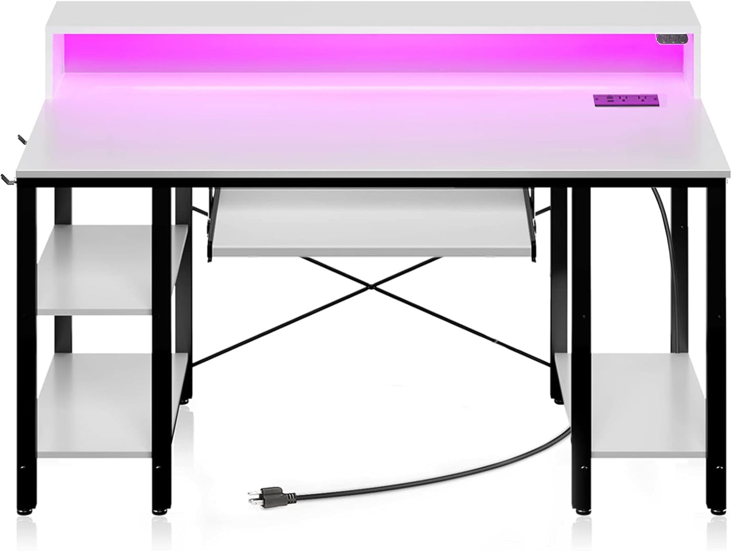 Rolanstar Computer Desk with LED Lights & Power Outlets, 47” Gaming Desk with Storage Shelves, Home Office Desk with Keyboard Tray & Monitor Stand, with Hooks, Carbon Fiber Surface Black