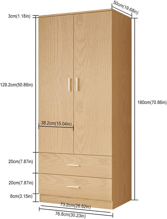 Panana 2 Door 2 Drawer Wardrobe with Hanging Rail Wooden Clothes Storage Cupboards Unit for Bedroom Furniture 76.8 * 50 * 180cm (New Oak Effect)