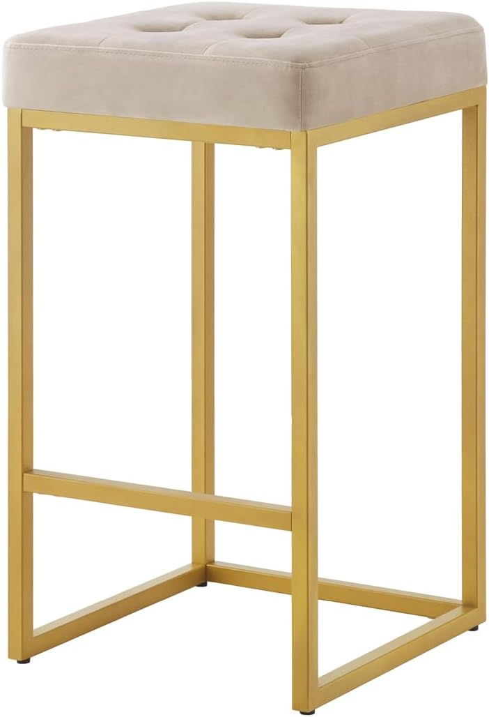 24KF Contemporary Counter Height Bar Stool Set of 2 for Kitchen Island, 26" H Velvet Padded Gold Barstool Bar Chair 5066-Taupe