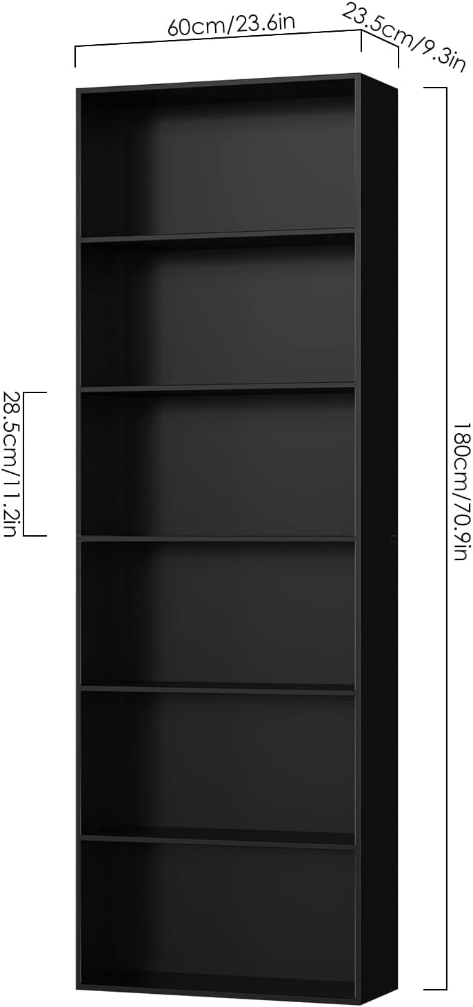 FirFurd Bookcase 6 Tiers Bookshelf Black Tall Display Shelf Freestanding Wooden Storage Unit for Living Room Bedroom Office 60x23.5x180cm