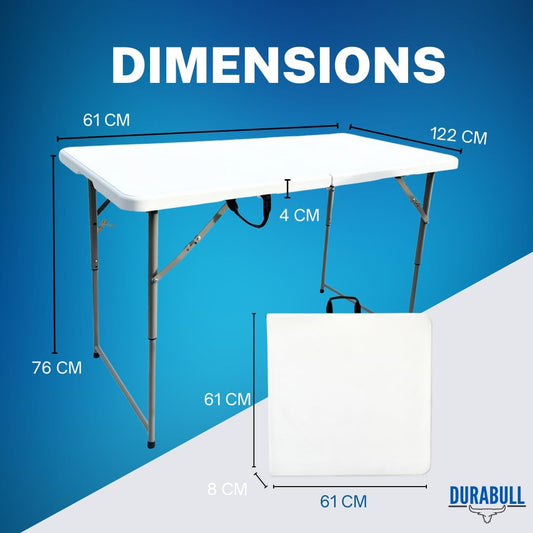 Durabull 4ft 120cm Plastic Fold In Half Trestle Table - Indoor & Outdoor Solution. All Occasions, Easy Setup & Compact. 175kg Strong Capacity. Camping, Garden, Meeting, Crafting, Car Boot, Dining.