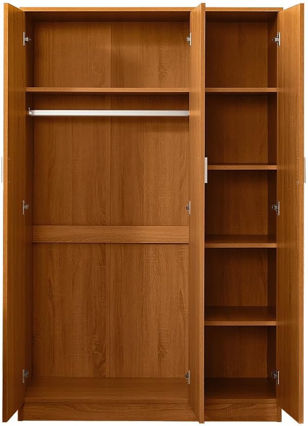 Wooden 3 Door Wardrobe with Shelf and Hanging Rail Modern Clothes Storage Cupboards Unit for Bedroom Furniture W 115.4 * D 50 * H 180cm (Oak Effect)