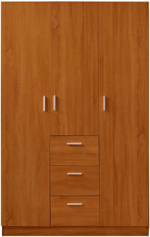 3 Door 3 Drawer Wardrobe, Modern Solid Pine Wood Wardrobe with Hanging Rail Living Bedroom Furniture (Oak)