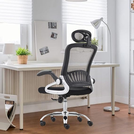 Al Amal Mesh Office Chair High Back Folding Armrest Adjustable Headrest Lumbar Support (Black) - Silver Hand Rest