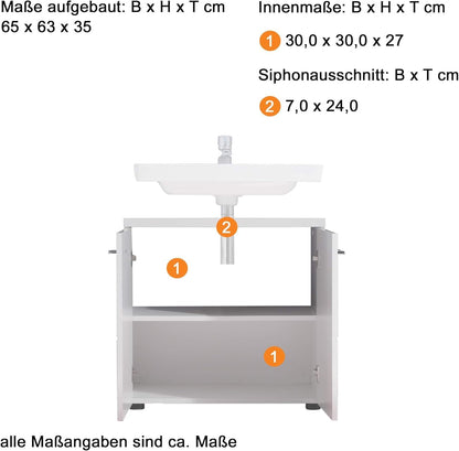 FurniFlex Nightlife Bathroom Sink Vanity Unit, 65 cm x 63 cm x 35 cm Size, Gloss White