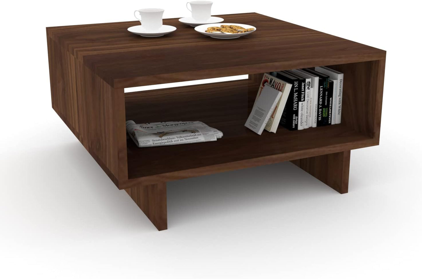 Furnifry Modern Square Center Table with Open Storage Shelf/Wooden Coffee Table for Home/Sturdy & Stylish Furniture for Living Area/Wooden Coffee & Sofa Table (Walnut)