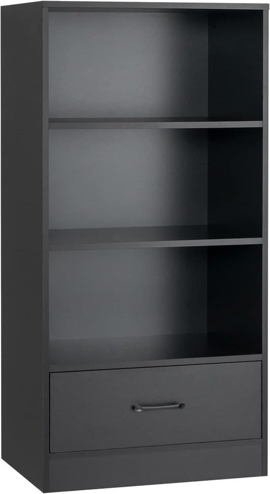COSTWAY Wooden Bookcase, Freestanding Storage Bookshelf Cabinet with 3-Tier Open Shelves & Drawer, Display Rack Shelving Unit Cupboard for Living Room, Bedroom, Hallway and Office (Black)