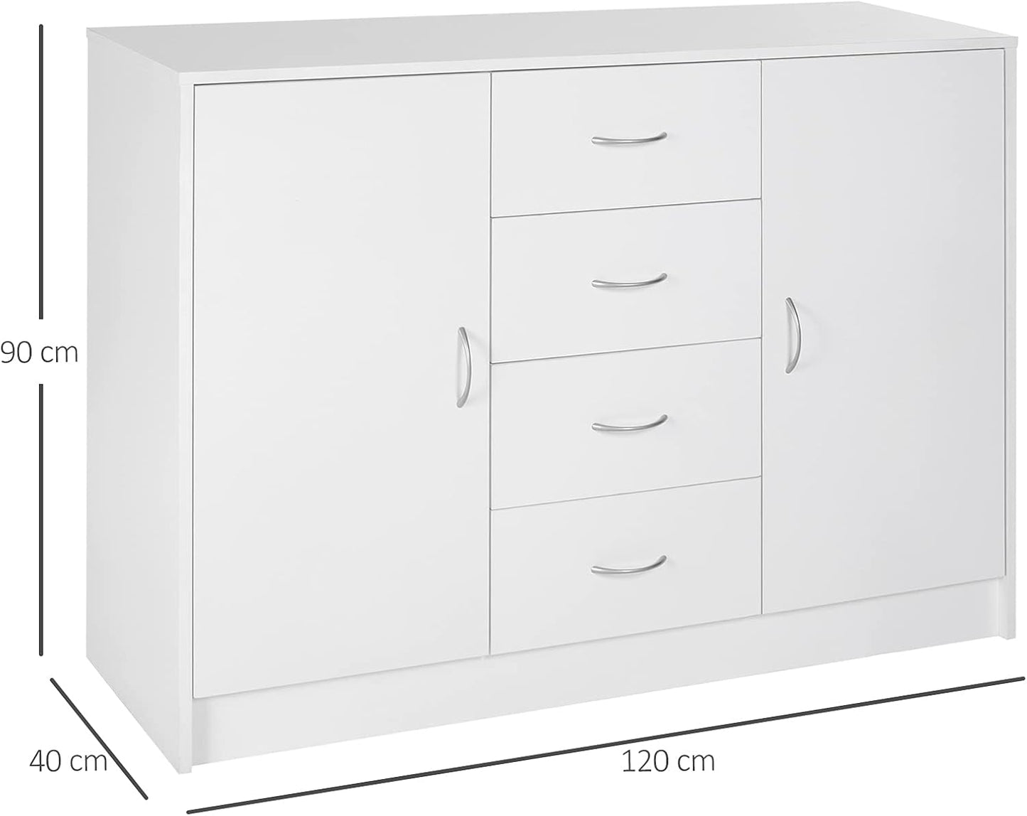 HOMCOM Sideboard, Storage Cabinet with 2 Doors and 4 Drawers, Free Standing Cupboard, Chest Organizer for Kitchen and Living Room, White