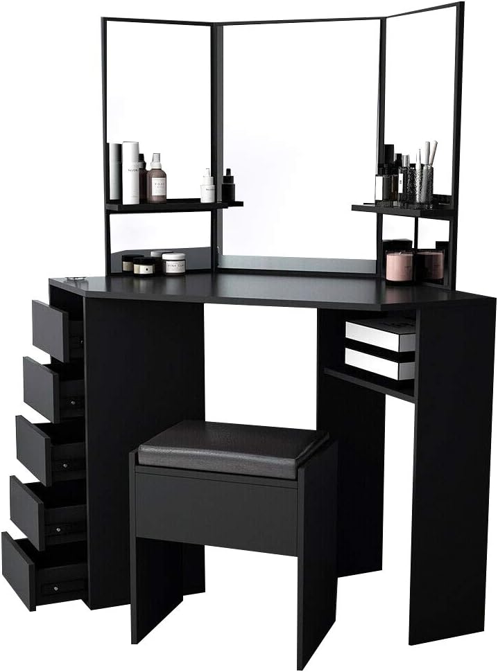 Panana Dressing Table MDF Corner Makeup Table with 3 Mirrors, 5 Drawers, 1 Compatiment and Bedroom Stool, 109 cm (L) x 55 cm (W) x 140 cm (H) (Black)