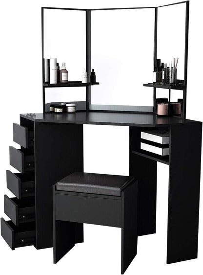 Panana Dressing Table MDF Corner Makeup Table with 3 Mirrors, 5 Drawers, 1 Compatiment and Bedroom Stool, 109 cm (L) x 55 cm (W) x 140 cm (H) (Black)