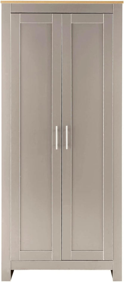 Home Source 2 Wardrobe Tall Clothes Organiser Hanging Rail Shelf Storage, Wood, Grey, Panelled Doors