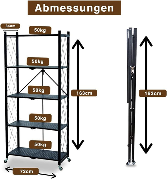 STREND PRO Folding Shelf with Wheels, 5 Tier Foldable Storage Trolley Unit, 250 kg Load Capacity, Metal, Black, Folding Shelf for Kitchen, Office