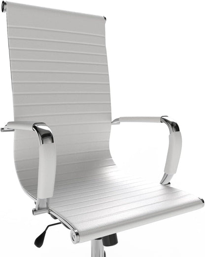 Mahmayi Ultimate 031L Eames Replica Ribbed PU Chrome High-Back Ergonomic Office Chair with Height Adjustable Seat - Complete Comfort for Your Workspace (High Back, White)